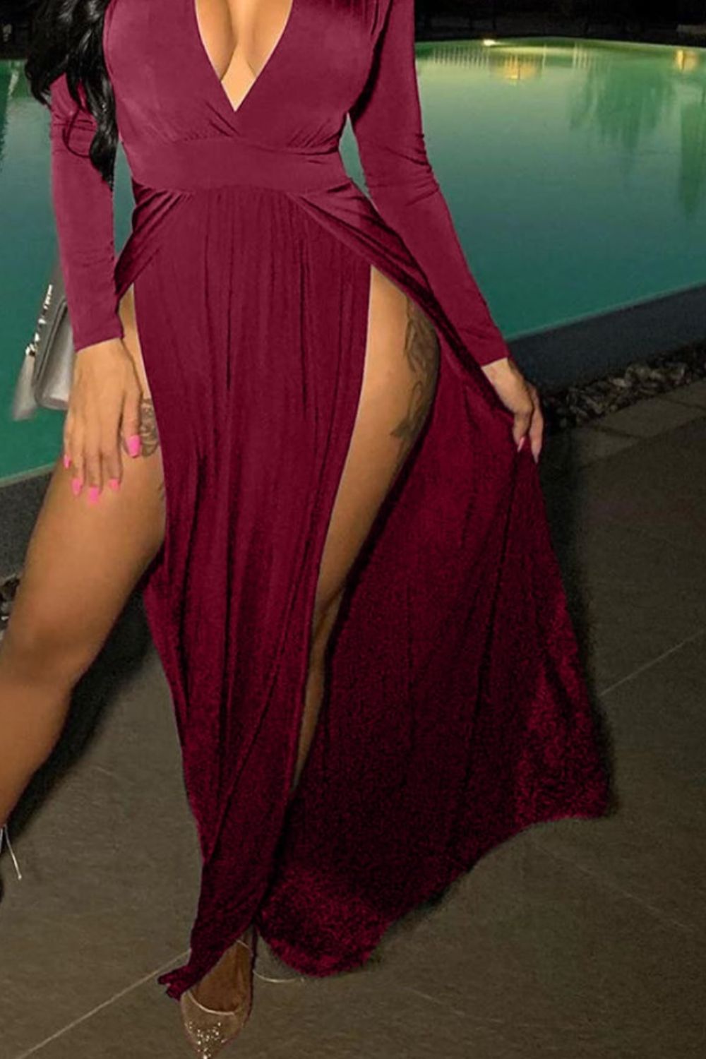 Slit Plunge Long Sleeve Dress - store name